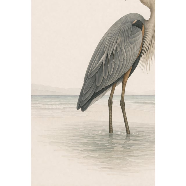 Great Blue Heron Coastal Study, Neutral Bird Wall Art Print, 24″ × 36″ Reproduction For Sale - Image 9 of 10
