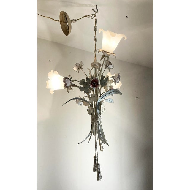 Italian Vintage Italian Toleware Tole Style Floral Rose Chandelier With Glass Shades For Sale - Image 3 of 12