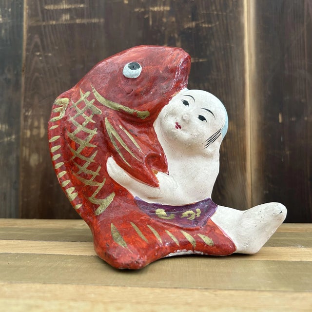 Vintage Japanese Kintarō with Carp Figurine, 1950s For Sale - Image 4 of 13