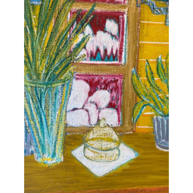 Circa 1970s Molly Schiff oil painting with colorful still life painting.