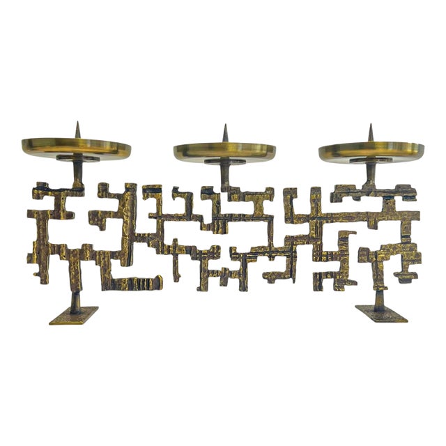 Brutalist Geometrically Sculptural Bronze Candleholder, 1970s For Sale