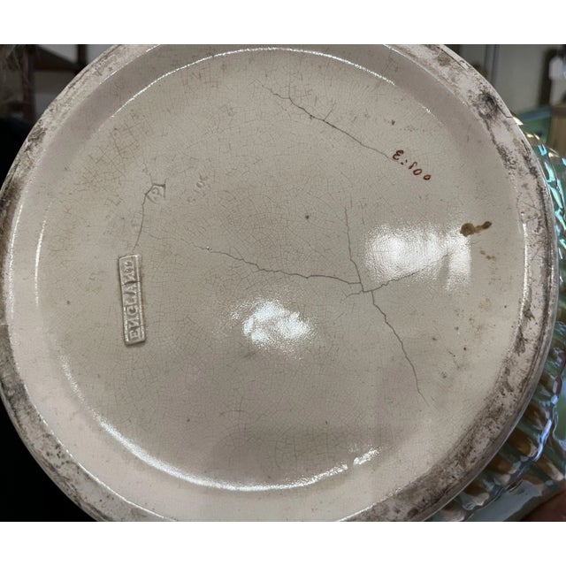 Early 20th Century Large Antique English Green and Gilt Ceramic Jardiniere & Pedestal For Sale In Raleigh - Image 6 of 12