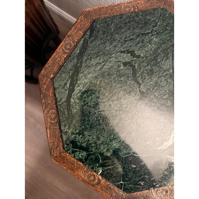 Traditional Pair of Vintage Carved Wood Octagonal Marble Top Tables For Sale - Image 3 of 6
