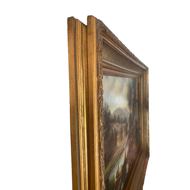 A beautiful chunky gold framed still life oil painting of a chicken farm nestled alongside a waterfront. It's charming and...