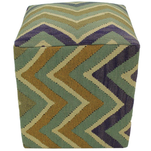 Wood Shabby Chic Grey/Ivory Handmade Kilim Upholstered Ottoman For Sale - Image 7 of 9