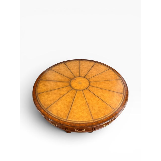 Vintage Maitland-Smith Rotating Rent Table / Drum Table in Mahogany & Burlwood – Alphabetized Drawers – 42” Round For Sale In Boston - Image 6 of 18