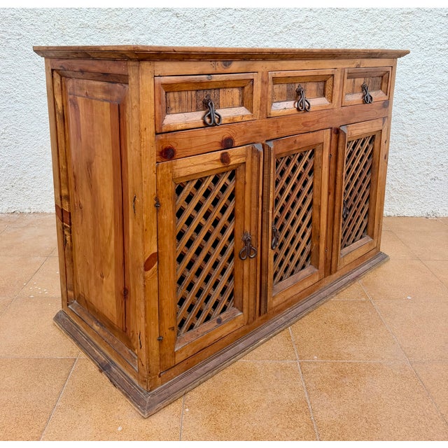 Brown 1960s Spanish Rustic Pine Sideboard With Lattice Doors and Iron Hardware For Sale - Image 8 of 10