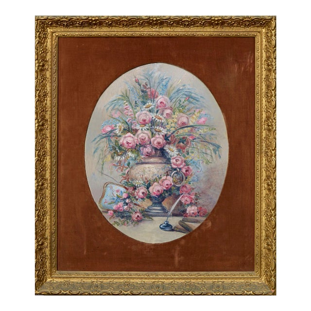 Mid Century Pink Bouquet - Oval Floral Still-Life by M Allen For Sale