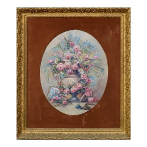 Mid Century Pink Bouquet - Oval Floral Still-Life by M Allen