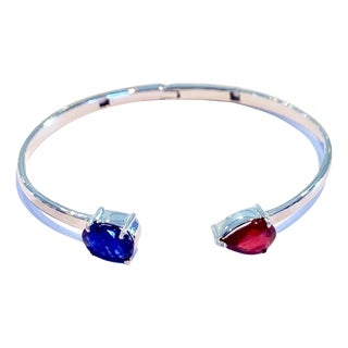 Bochic Silver & White Gold Plating Bangle with Red Ruby and Blue Sapphire For Sale