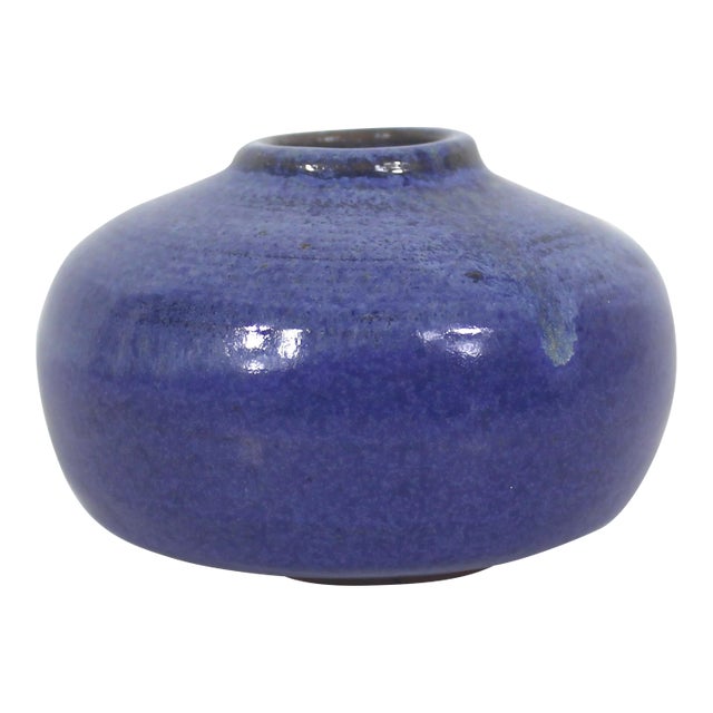 Vintage Signed Studio Pottery Small Bud Vase Blue For Sale