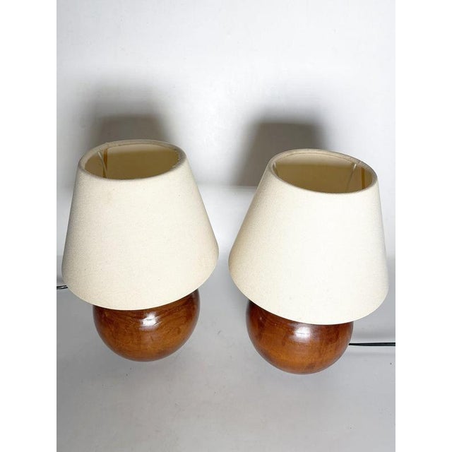 1970s Round Wooden Table Lamps with Lampshades, France, 1970s, Set of 2 For Sale - Image 5 of 18