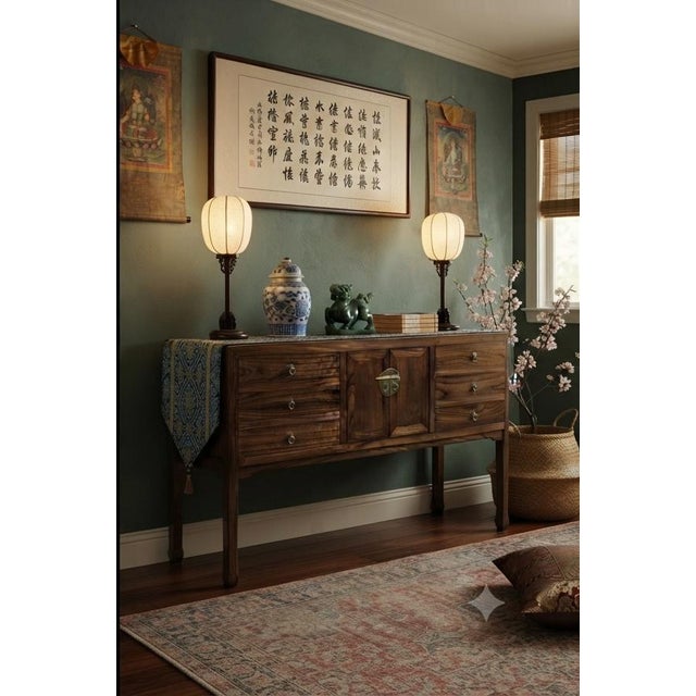 47" Brown Wood Grain Pattern Drawers Console Side Altar Table For Sale - Image 4 of 14