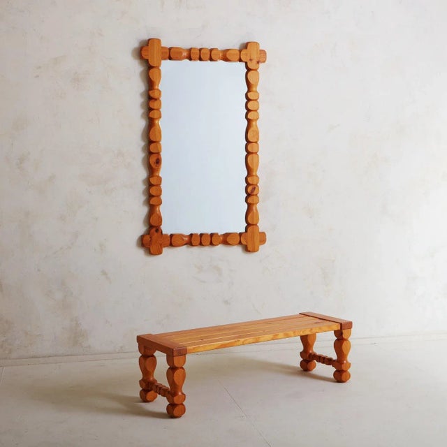 A brutalist 1970s Swedish bench by Glas Mäster Markaryd featuring intricately carved geometric legs with stretcher...