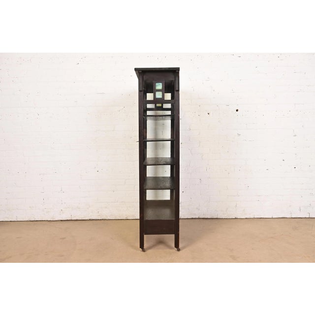 Stickley Brothers Style Antique Mission Oak Arts & Crafts Bookcase Cabinet With Stained Glass, Circa 1900 For Sale - Image 10 of 13