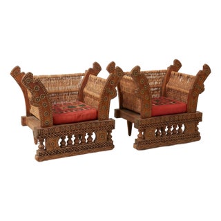 Antique Indian Brass-Studded Rope Pidha Chairs - a Pair For Sale