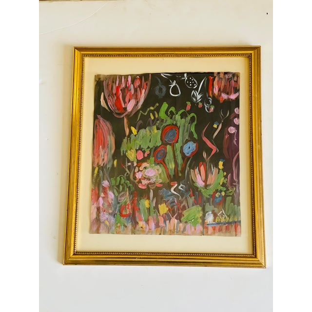 1970s Abstract Modern Magic Garden at Moonlight Signed and Framed For Sale - Image 4 of 7