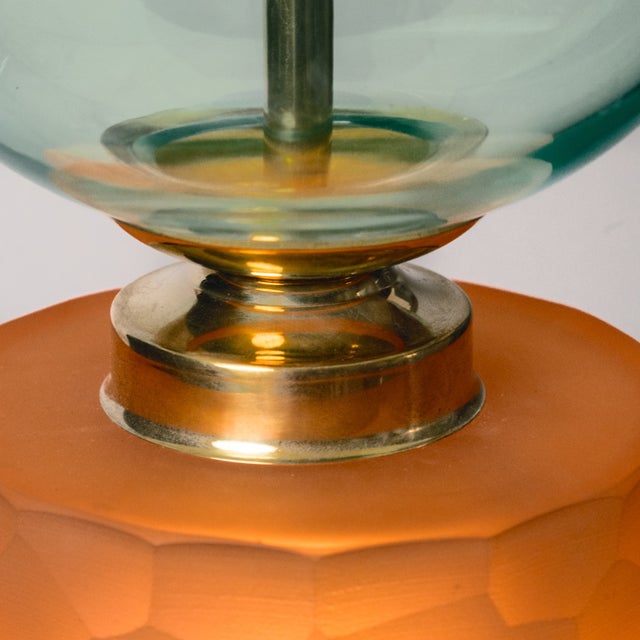Salmon and Blue Globe Murano Glass Table Lamps, 1980s, Set of 2 For Sale - Image 4 of 5