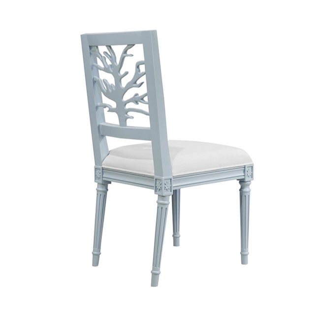 Contemporary Matthew Izzo Home McKay Light Blue Lacquer Coral Design Dining Chair With White Linen Upholstered Seat For Sale - Image 3 of 3