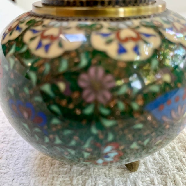 Green Vintage Chinese Cloisonné Covered Jar or Incense Pot, Phoenix Motif, Hand-Enameled Brass For Sale - Image 8 of 9