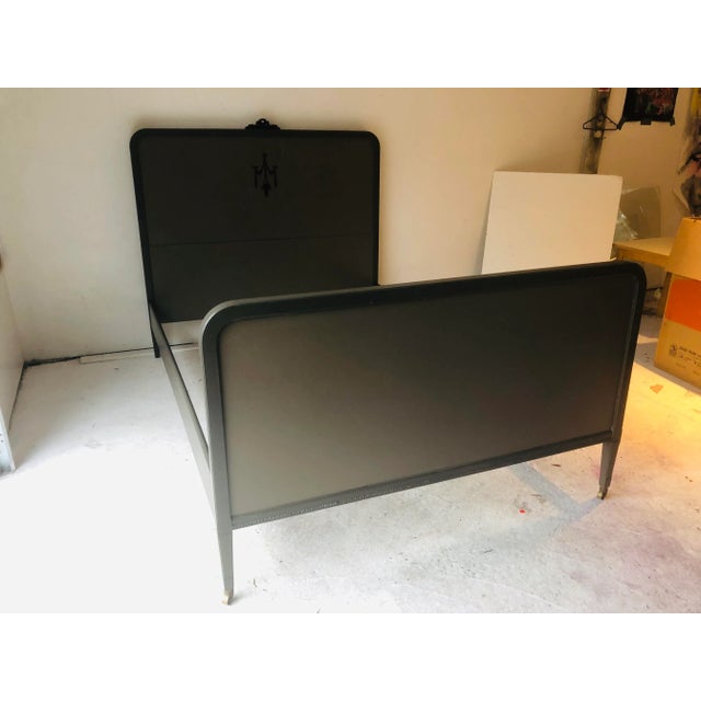 C.1910 antique French style mahogany bedframe. The piece is painted a dark grey/brown. Includes side rails.