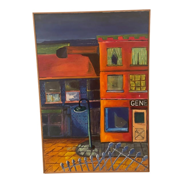 Late 20th Century "The Corner General Store" Original Modern Acrylic Painting of a Cityscape Street Scene For Sale