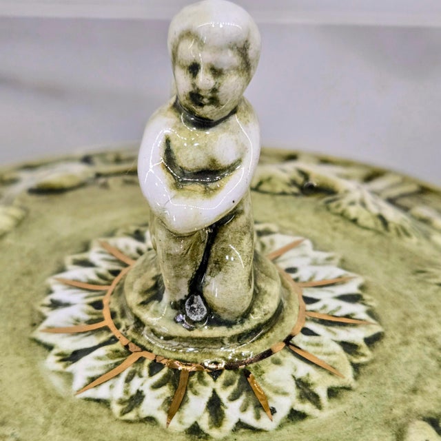 Hollywood Regency Vintage R. Capodimonte Italian Porcelain Covered Dish With Putti & Birds, Footed Green Gold Compote For Sale - Image 3 of 13