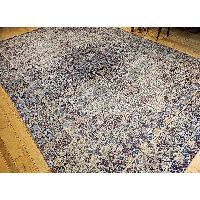 Late 19th Century 19th Century Oversized Persian Kerman Lavar Rug, Hand-Knotted Wool, Floral Pattern, Ivory & Blue, 11’ X 17’ For Sale - Image 5 of 18