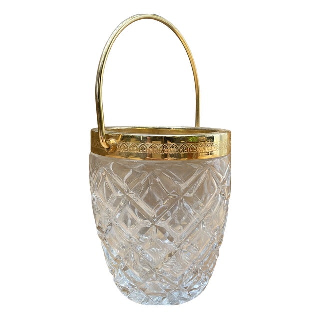 Art Deco Ice Bucket in Molded Crystal and Gilt Brass, 1920 For Sale
