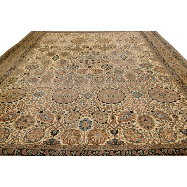 Persian Antique Persian Tabriz Handmade Allover Motif Beige Oversize Wool Rug For Sale - Image 3 of 11