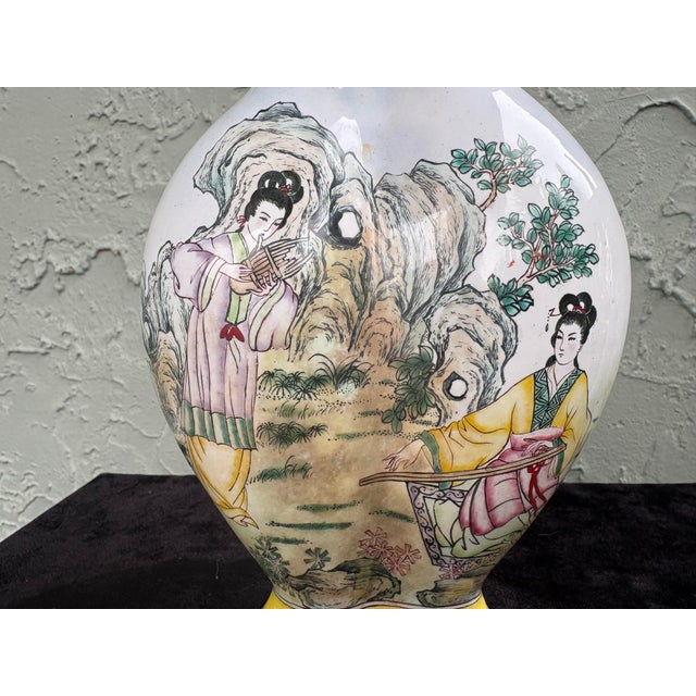 Vintage Chinese Style Enameled Brass Scenic Vase With Double Finial Lid, Hand-Painted Figures For Sale - Image 4 of 12
