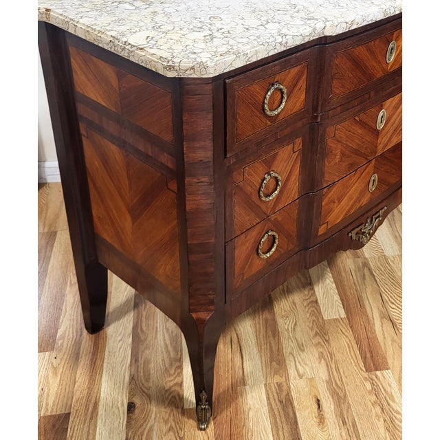 19th C French Louis XV Inlaid & Bronze Mounted Sienna Marble Top Commode Chest For Sale - Image 11 of 16