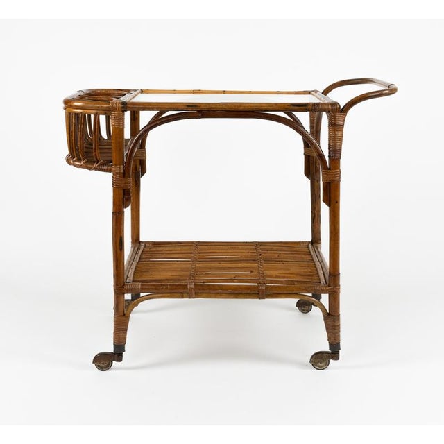 Mid-Century Modern Mid-Century Bamboo, Rattan and Glass Serving Bar Cart in the style of Franco Albini, Italy, 1960s For Sale - Image 3 of 18