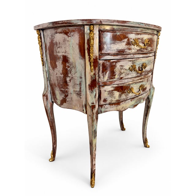 Italian 1990s Authentic Made in Italy Bombe Commode - Distressed Painted 3 Drawer Nightstand, Vintage Italian Florentine Accent Chest, Gilt Table 28" For Sale - Image 3 of 18