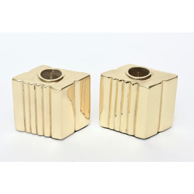 Ralph Lauren Vintage Brass Sculptural Diamond Shaped Candlesticks Pair Of, 1970's For Sale - Image 4 of 9