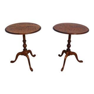 Pair Gregg Perry Tiger Maple Round Lamp Tables For Sale