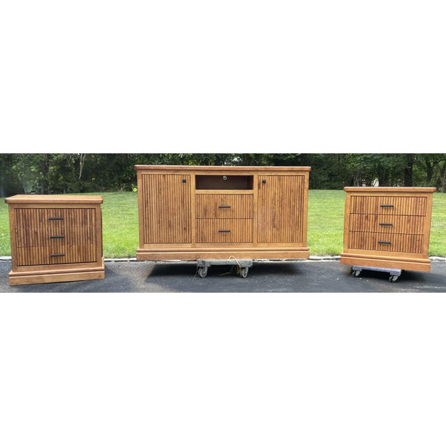 Postmodern 1990s Premium 3-Piece Fluted Maple Set - Credenza/Dresser & Pair of End Tables/Nightstands For Sale - Image 3 of 14
