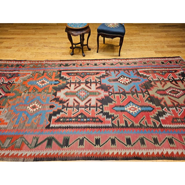 Antique Caucasian Kazak Kilim, Handwoven Wool, Geometric Design, Terracotta & Turquoise, 6x11 For Sale - Image 11 of 18