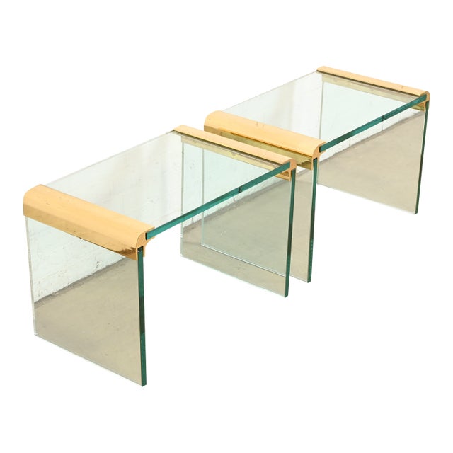 Leon Rosen for Pace Collection Mid-Century Modern Hollywood Regency Brass and Glass Waterfall Side Tables, Pair For Sale