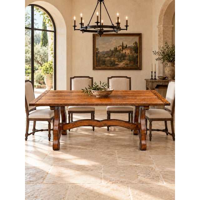 Crafted from solid white oak and dating approximately to 1920–1940, this Spanish dining table brings the character of...