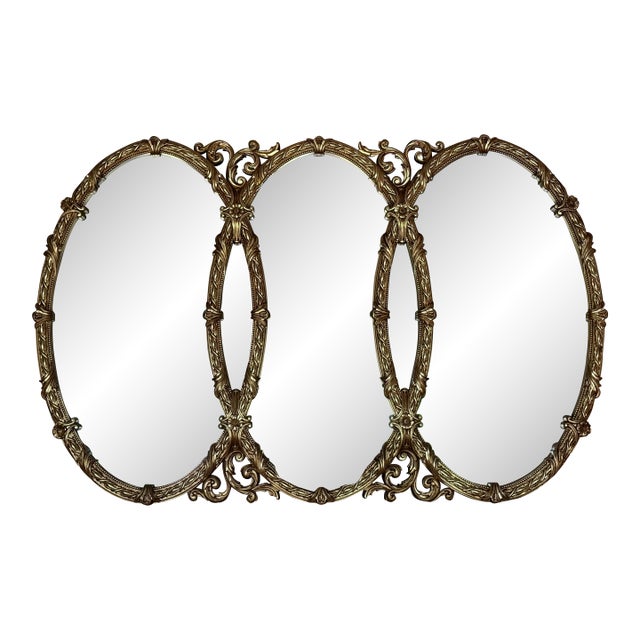 Large Vintage Bassett Hollywood Regency Triple Oval Gilt Triptych Mirror For Sale