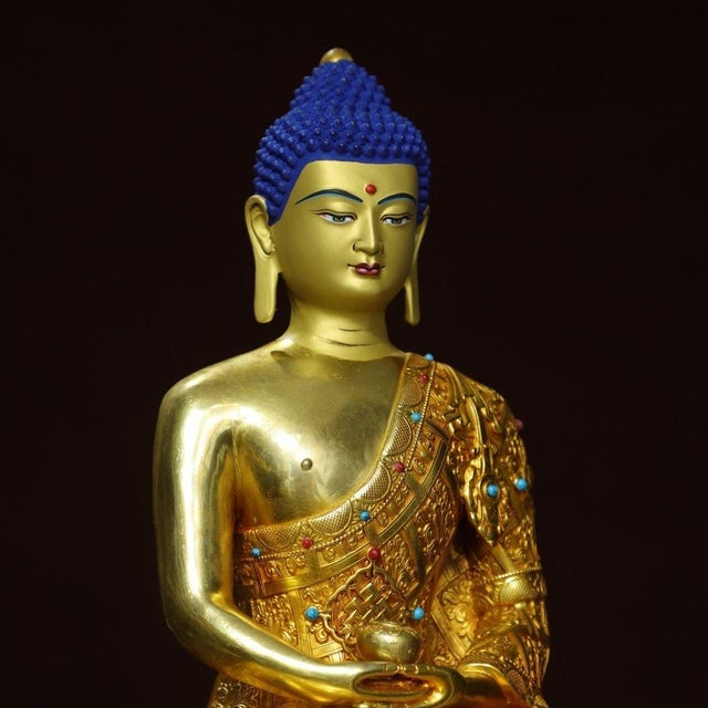 Metal Late 19th Century Gilt Bronze Shakyamuni Buddha Statue With Stone Inlays, 2.97kg For Sale - Image 7 of 9