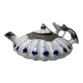 Mid 20th Century Chinese Blue & White Hand Painted Flat Porcelain Tea Pot with Hammered Metal Decorated For Sale