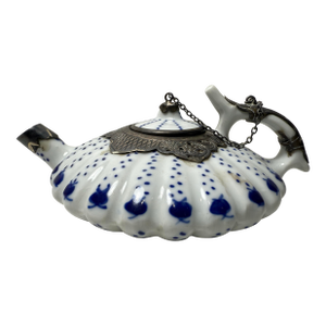 Vintage Chinese Blue & White Hand Painted Flat Porcelain Tea Pot With Hammered Metal Decorated