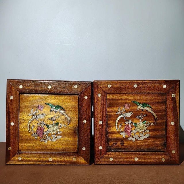 Pair of Vintage Chinese Hardwood Inlaid Mother-of-Pearl Bird & Flower Stools - 11.35 LBS For Sale - Image 4 of 9