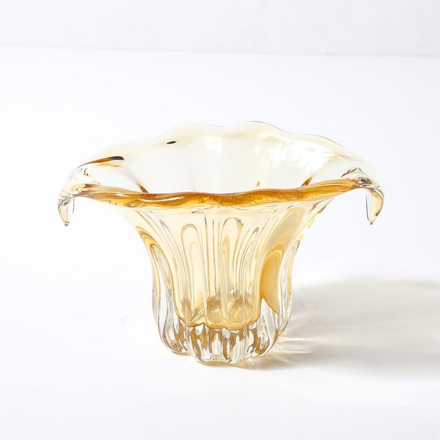 Glass Mid-Century Hand-Blown Murano Citrine Glass Vase With Fluted Curved Opening For Sale - Image 7 of 13