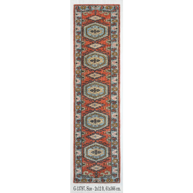 Not Yet Made - Made To Order 3X6Ft. Brunt Orange Light Blue Persian Design Inspired Hand Knotted Wool Runner Rug For Sale - Image 5 of 6