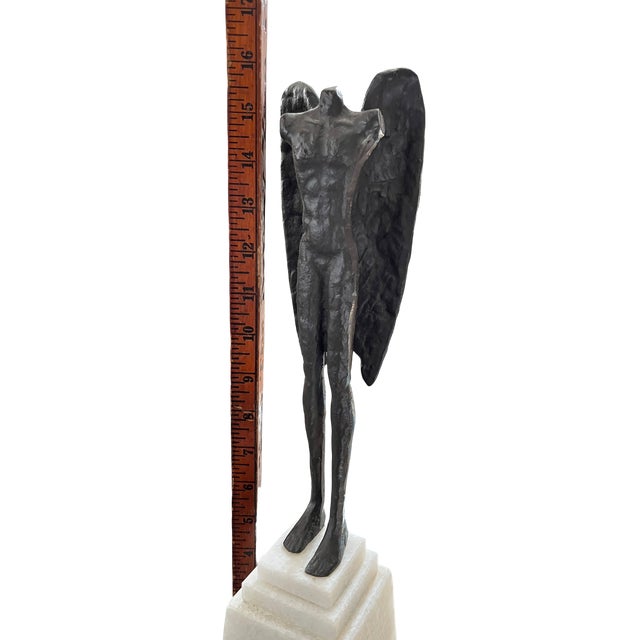 1990s Global Views Cast Iron Winged Torso Sculpture on Solid Alabaster Pedestal, After Alberto Giacometti, 15.5" For Sale - Image 5 of 6
