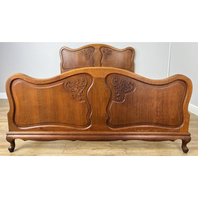 Vintage French Louis XVI Oak Double Bed Frame with Carved Headboard For Sale - Image 4 of 13