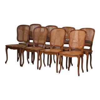Mid-Century French Louis XV Carved and Caned Dining Side Chairs, Set of Eight For Sale